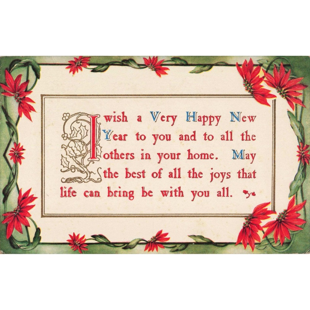 Antique 1910 Happy New Year Postcard Poinsettia Border 1c Franklin Stamp VG - Picture 1 of 2